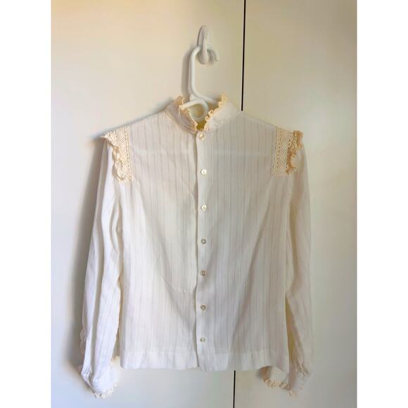 Vintage 80s Prairie Blouse Size Small Cream Crochet Collar/cuff Boho Cottagecore - Picture 4 of 9